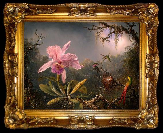 framed  Martin Johnson Heade Cattleya Orchid and Three Hummingbirds, ta009-2
